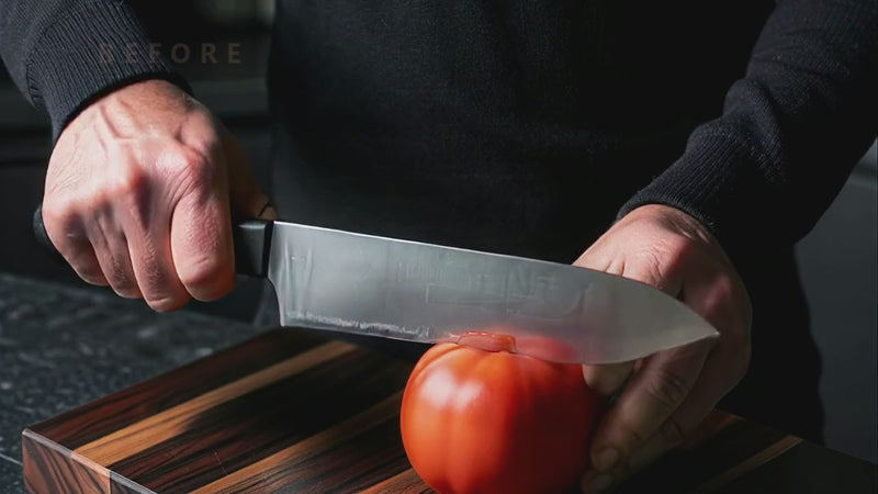 A dull knife vs. a sharpened knife on a tomato (illustrative demonstration)